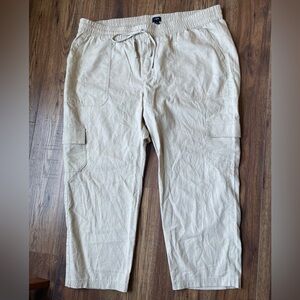 J. Crew Khaki Drawstring Cropped Cargo Pull-On Pants 55% Linen/45% Cotton